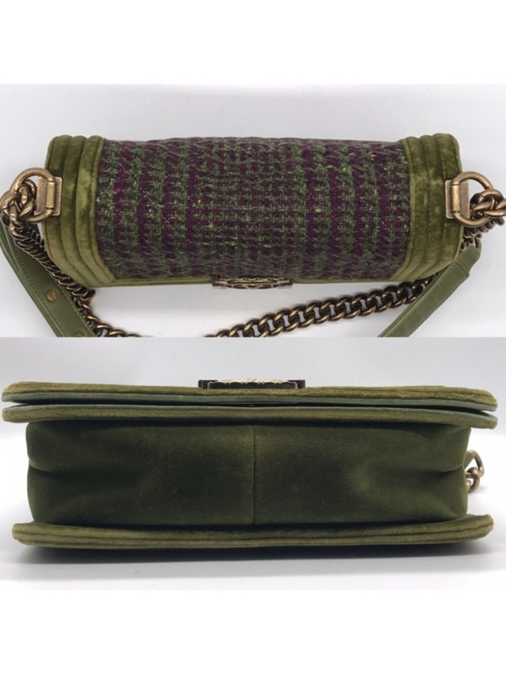 Chanel Boy Velvet Tweed Chain Shoulder Bag Green Purple - Picture 4 of 16